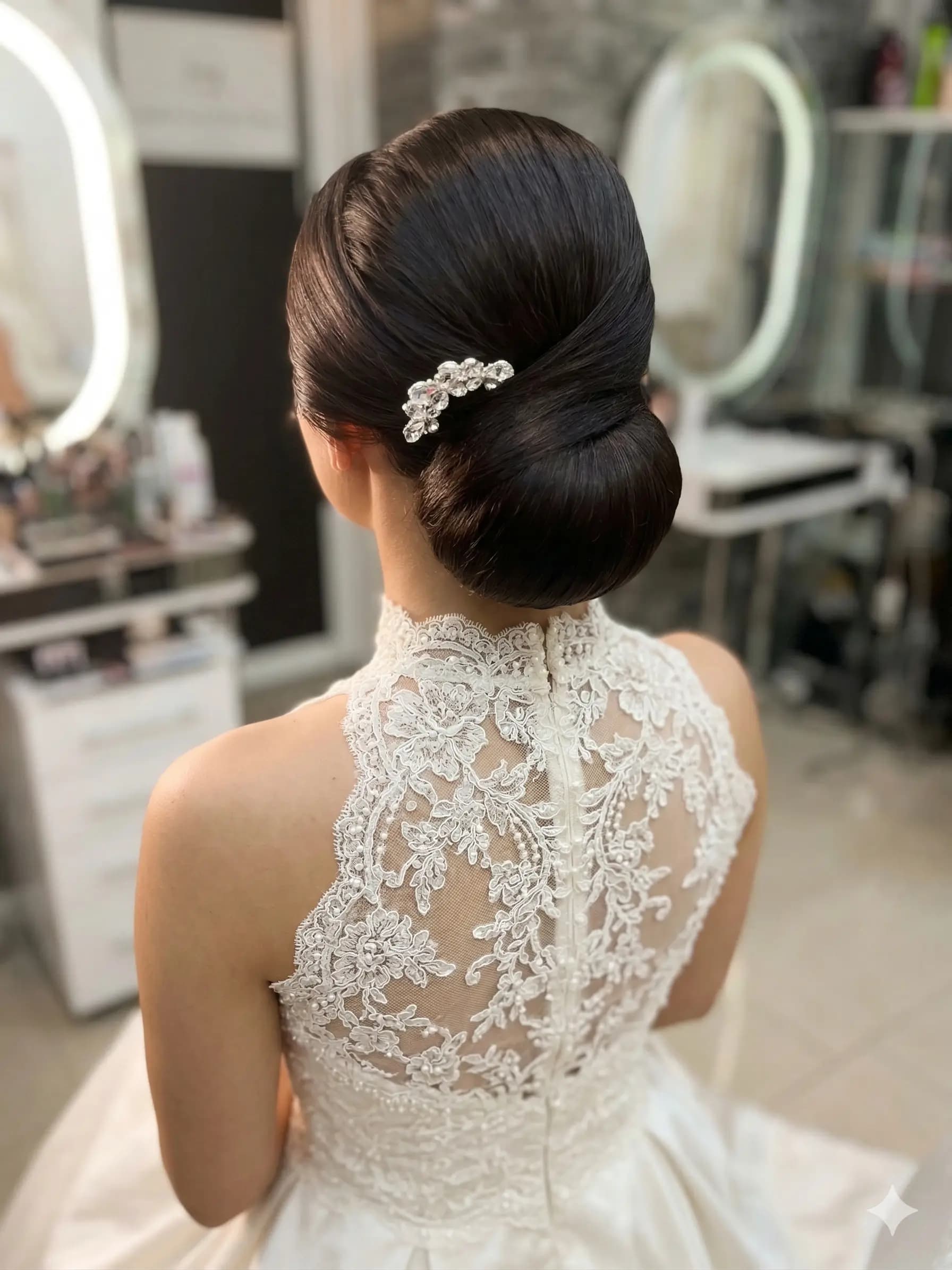 Elegante Hochsteckfrisur mit glattem Chignon und Haarschmuck, Brautstyling in Hamburg, Rückansicht